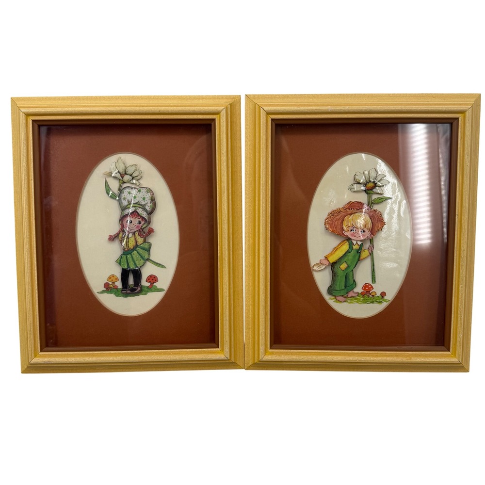 Vtg 3D Paper Tole shadowbox art Cottagecore Farmhouse Boy Girl Mushroom Retro
